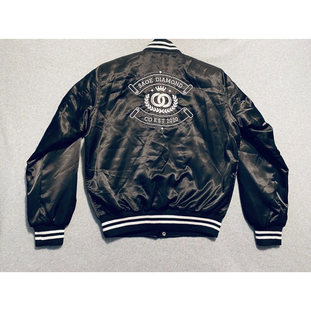 Sage Diamond Bomber Jacket Men's Medium Black Embroidered CO EST 2020 Streetwear - Picture 2 of 16